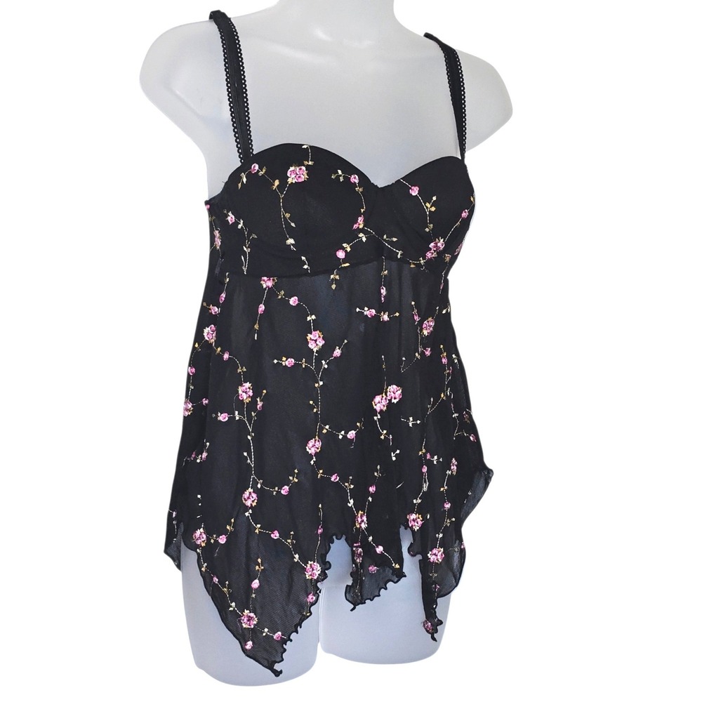 Fredericks Of Hollywood Vintage Babydoll Cami Sharkbite Sheer‎ Embroidered Top M